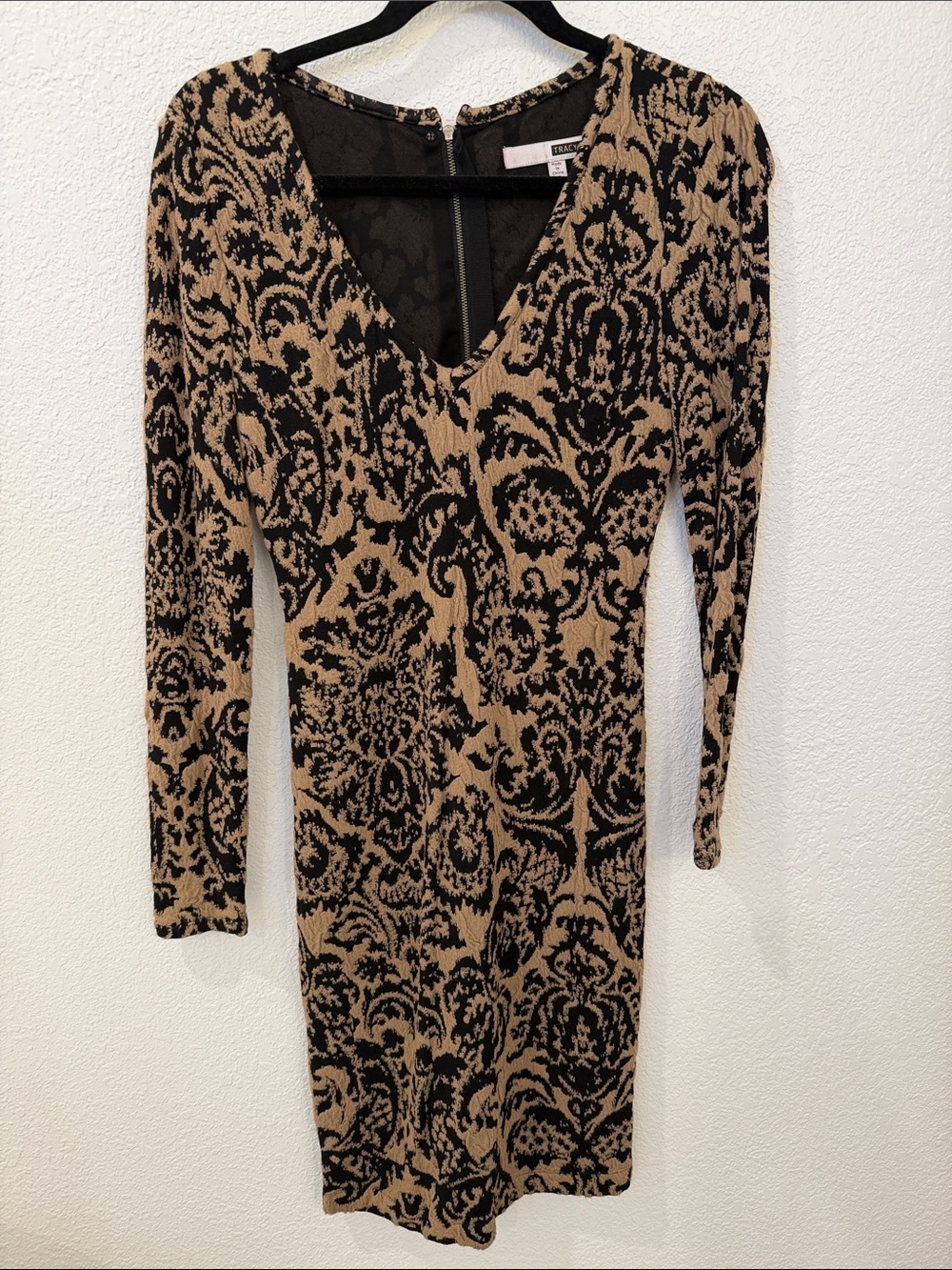 Tracy Reese Women's Black and Tan Patterned V-Neck Dress